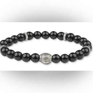 Bespoke Mens Stretch Beaded Bracelet Black Silver-tone